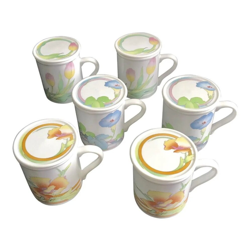 Japanese Floral Tuscany Porcelain Tea Cups With Covers - Set of 6